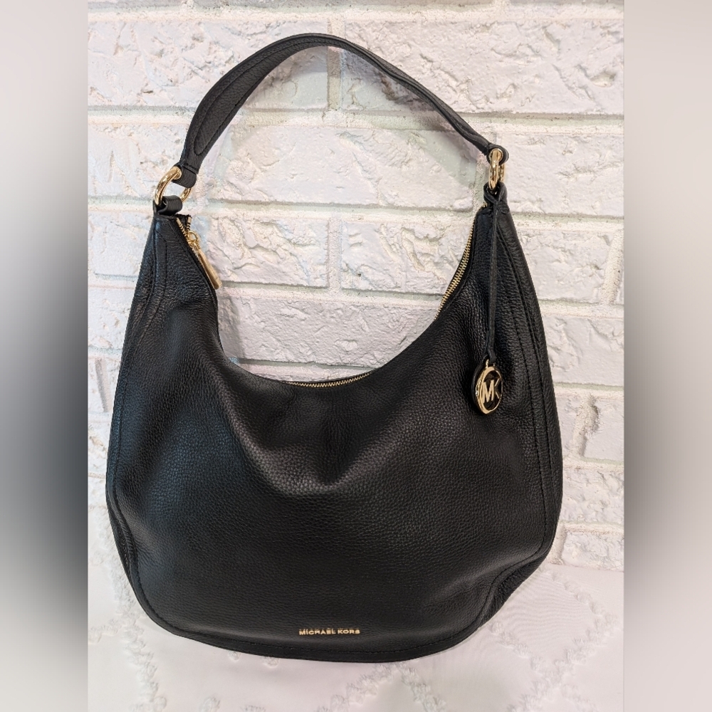 Michael Kors Lydia Large Black Pebbled Leather Shoulder Bag Hobo Boho Purse MK - Picture 3 of 16